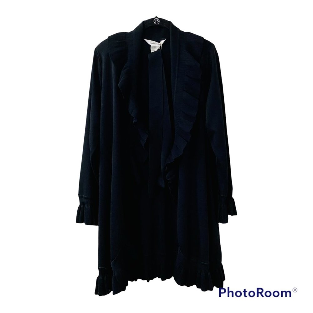 Misook Black Ruffle Waterfall Long-Lined Open Front Cardigan Duster with Belt M - Picture 1 of 4